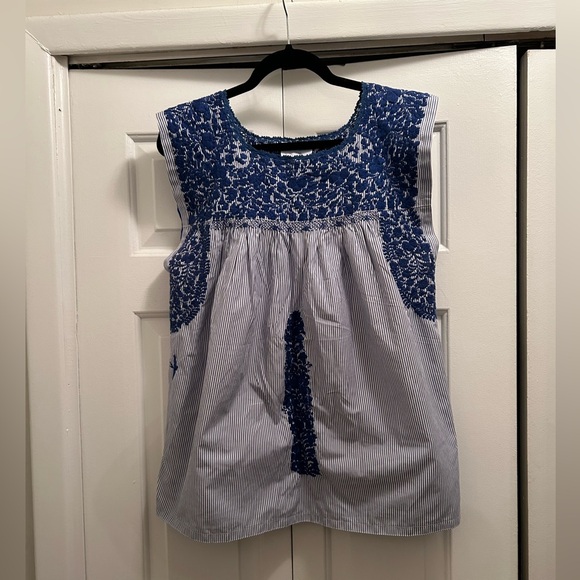 Mi Golondrina Tops - Mi Golondrina Blue and White Hand Embroidered Blouse